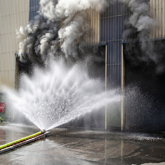Innovative Feuerwehrtechnik wie der Löschigel auf einer Feuerwehr Steckleiter wie er von einer Werkfeuerwehr in eine brennende Industriehalle geschoben wird.