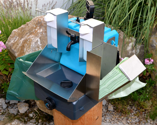 Osłona przeciwbryzgowa LAVextend - do umywalki mobilnej LAVESE, w tym dozowniki Euro, dozownik ręczników papierowych i uchwyt na worek na śmieci