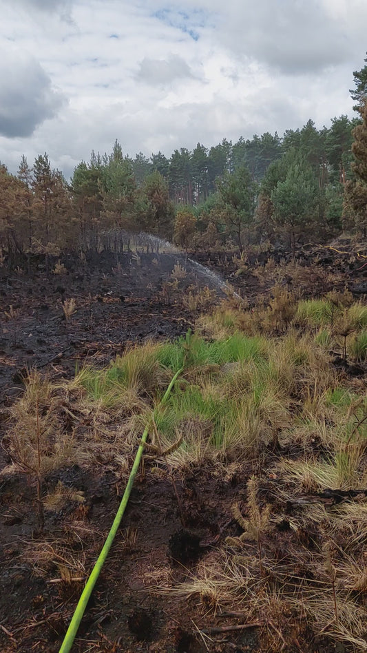 "Ein Waldbrandverteiler mit angeschlossenen Kreisregnern bewässert eine verbrannte Waldfläche. Die Regner verteilen Wasser gleichmäßig, um den Boden zu kühlen und die Regeneration der Vegetation zu unterstützen. Im Hintergrund sind verkohlte Baumstämme und verbrannter Boden sichtbar."