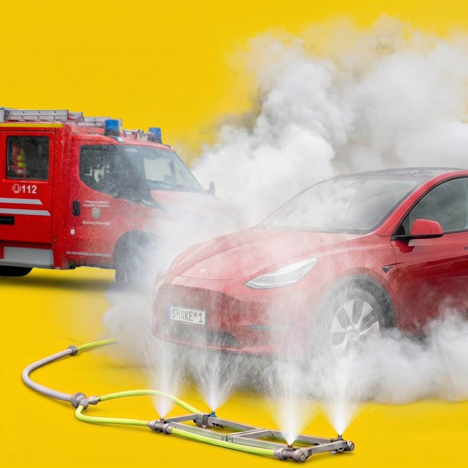 Brennender roter Tesla wird im Feuerwehreinsatz mit dem SnakE® Löschsystem gelöscht, Einsatzfahrzeug der Feuerwehr im Hintergrund.