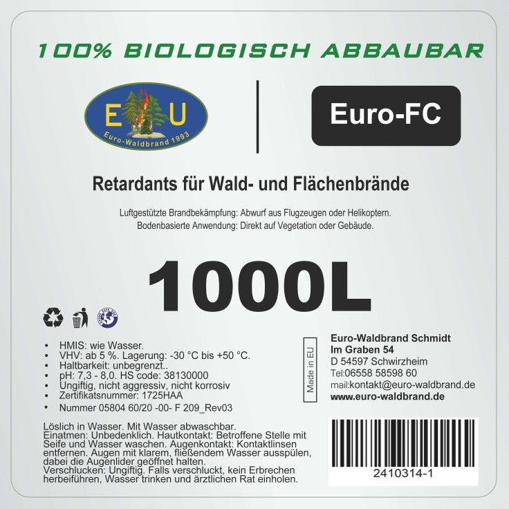 Produktetikett Euro-FC Retardant 1000 Liter, biologisch abbaubares Löschmittel für Wald- und Flächenbrände