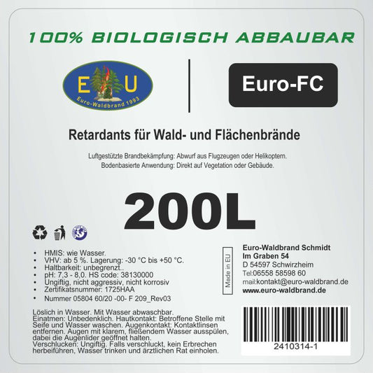 Produktetikett Euro-FC Retardant 200 Liter von Euro-Waldbrand Schmidt, 100% biologisch abbaubares Löschmittel für Wald- und Flächenbrände, luftgestützt und bodenbasiert einsetzbar.