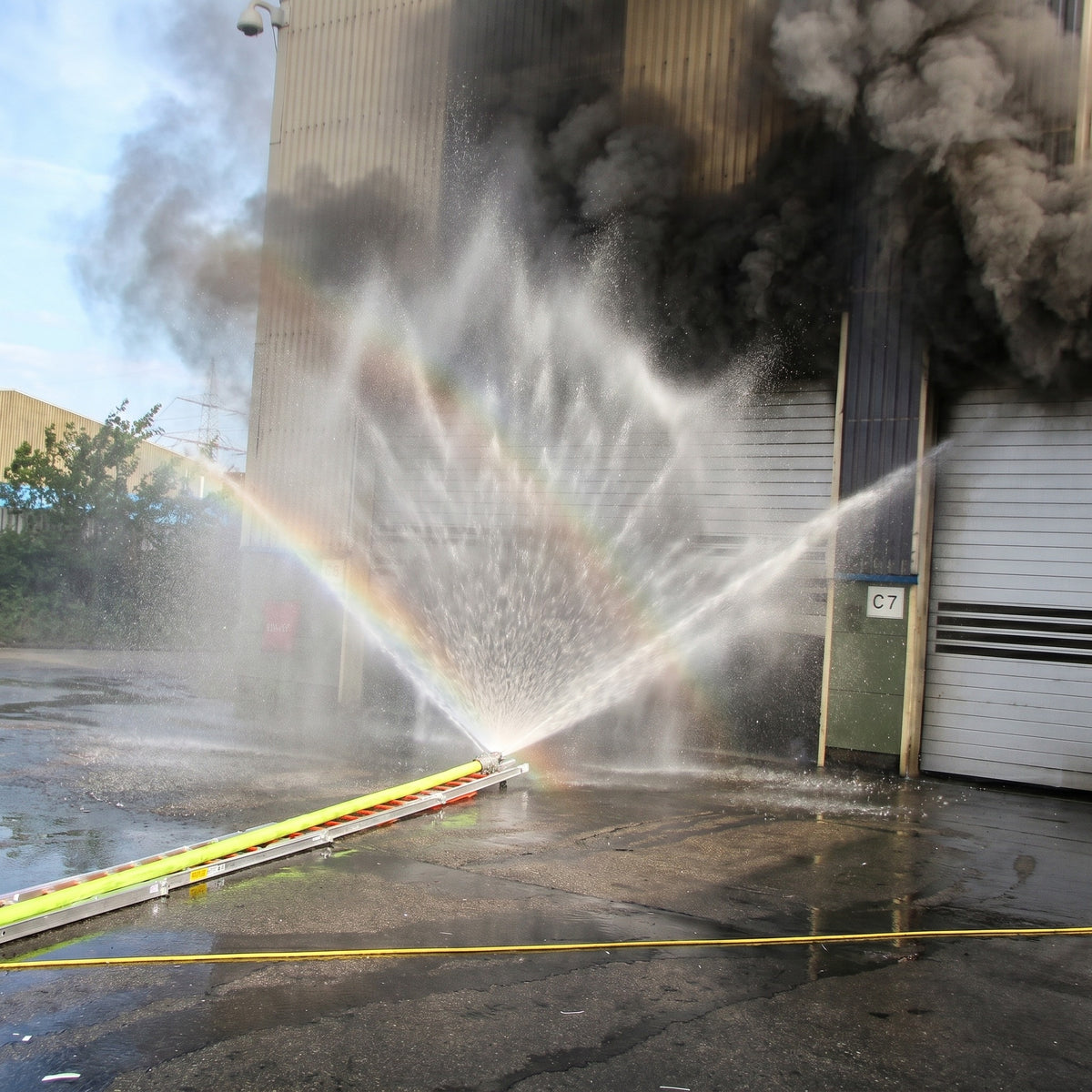 Innovative Feuerwehrtechnik wie der Löschigel auf einer Feuerwehr-Steckleiter vor einer brennenden Industriehalle.