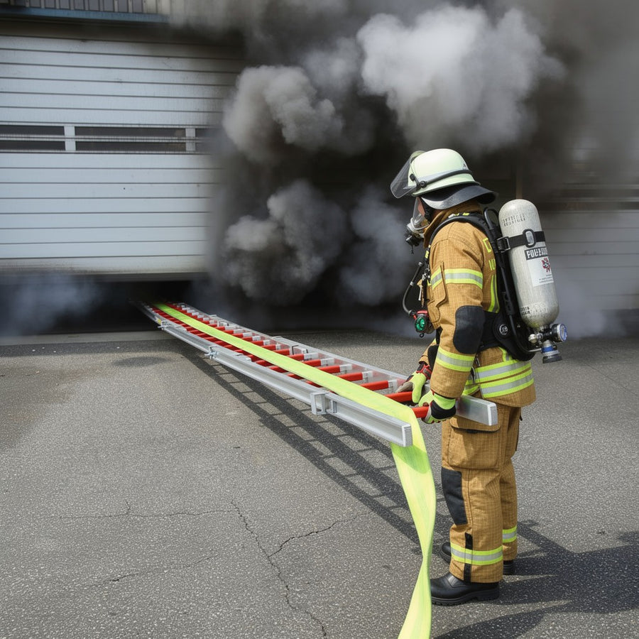 Der Feuerwehr Löschigel wie er von einem Feuerwehrmann auf einer Steckleiter in einen Industriebrand geschoben wird um den Lagerhallenbrand zu löschen