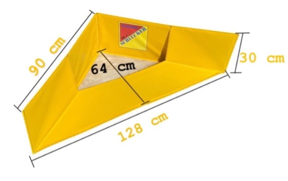Maßzeichnung des Wasserschluckers mit 128 cm Breite, 90 cm Schenkellänge und 30 cm Höhe