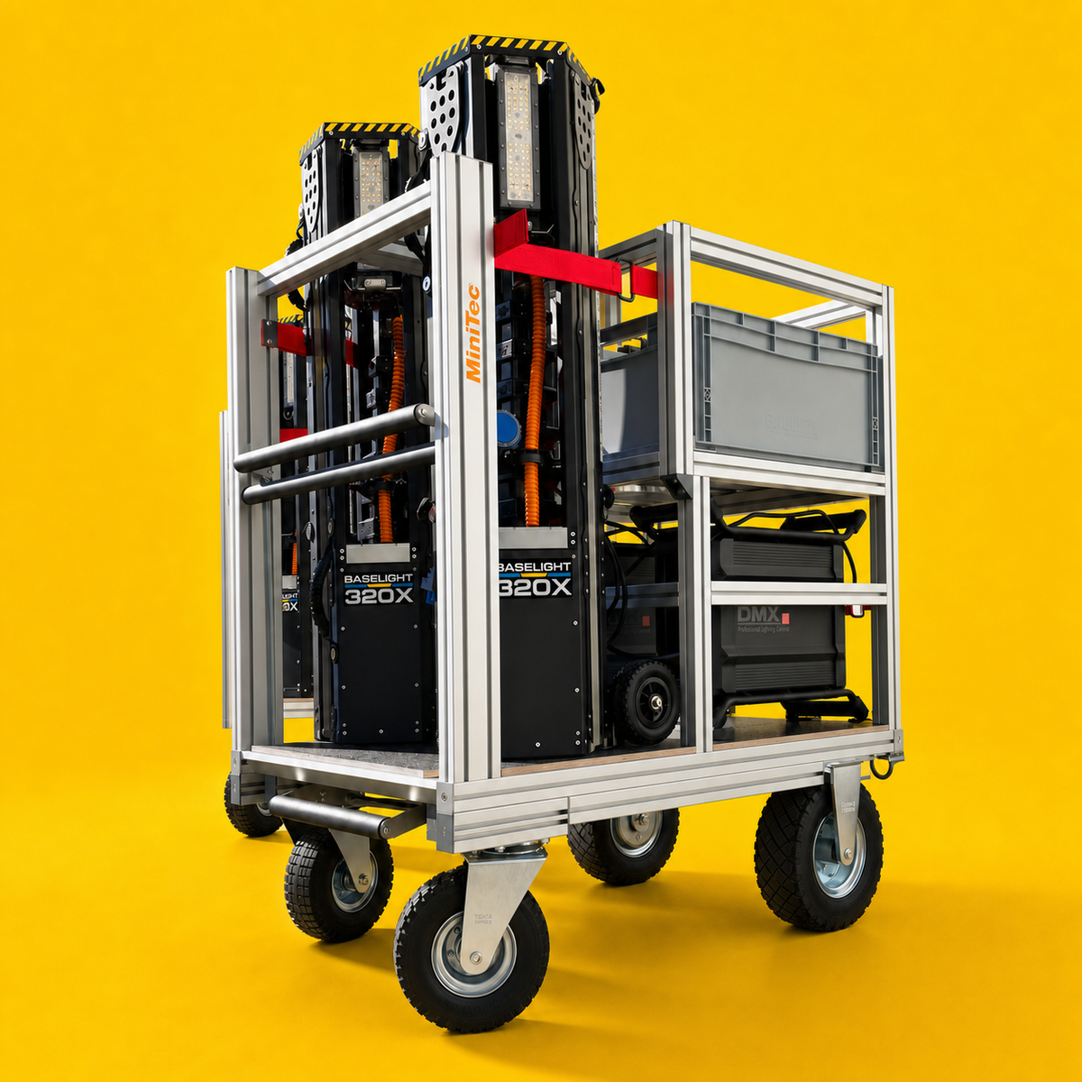 Offroad-Rollcontainer Baselight auf Minitec-Basis mit Lichtmasten und Batteriemodulen