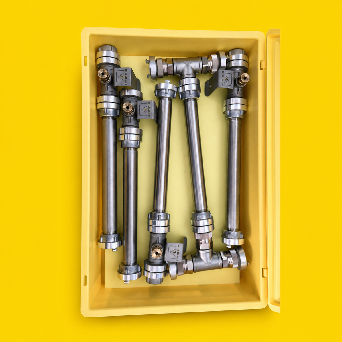Das Rescuevation® SnakE® Solid System: wie die einzelnen hitzebeständigen Edelstahlkomponenten in einer Eurobox verlastet sind. Das SnakE® Solid System besteht aus hochwertigen Edelstahlkomponenten, welche zur aktiven zielgerichteten Kühlung von Elektrofahrzeugen gedacht sind.