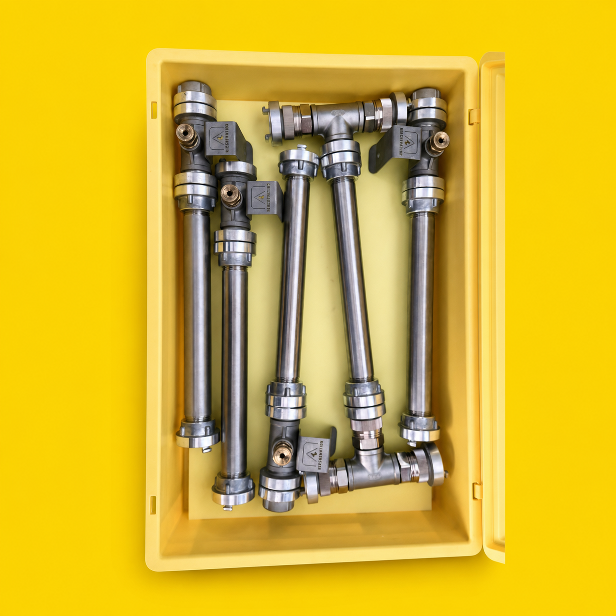 Das Rescuevation® SnakE® Solid System: wie die einzelnen hitzebeständigen Edelstahlkomponenten in einer Eurobox verlastet sind. Das SnakE® Solid System besteht aus hochwertigen Edelstahlkomponenten, welche zur aktiven zielgerichteten Kühlung von Elektrofahrzeugen gedacht sind.