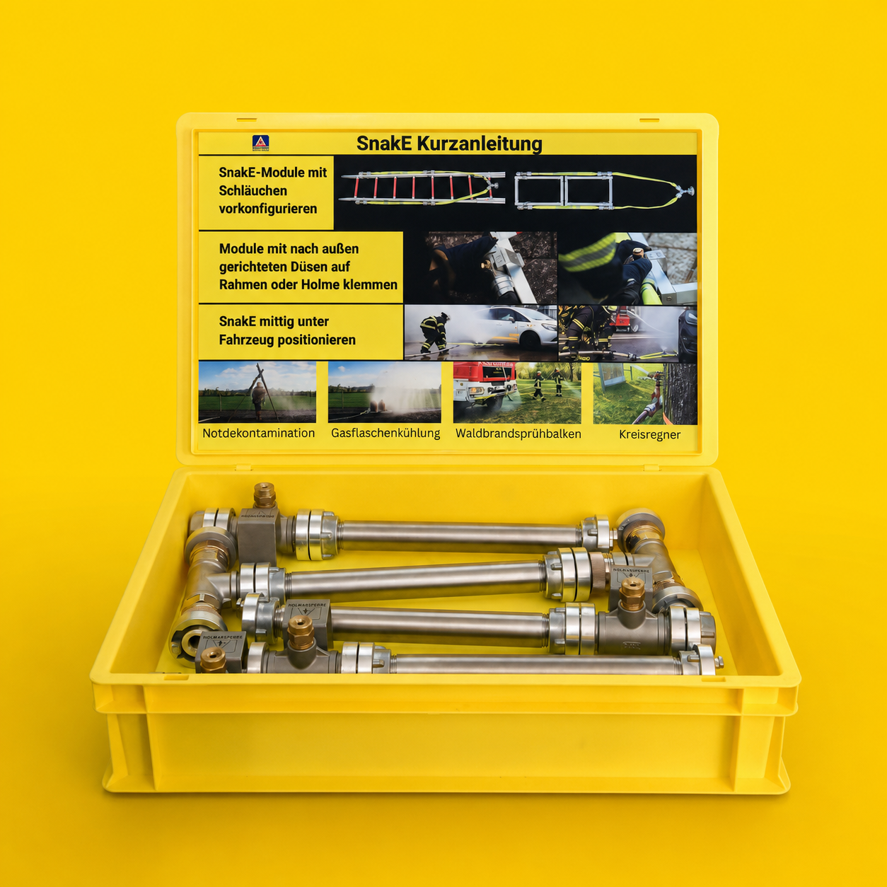 Auf dem Bild ist das Rescuevation SnakE® Solid-Löschsystem zu sehen. Das SnakE® Solid ist in einer 60 cm × 40 cm Euro-Box verpackt, die ein kompaktes Transportmaß gewährleistet. Solid kann einfach zusammengebaut werden und dann unter eine Brandbegrenzungsdecke zur Kühlung von Elektrofahrzeugen geschoben werden.