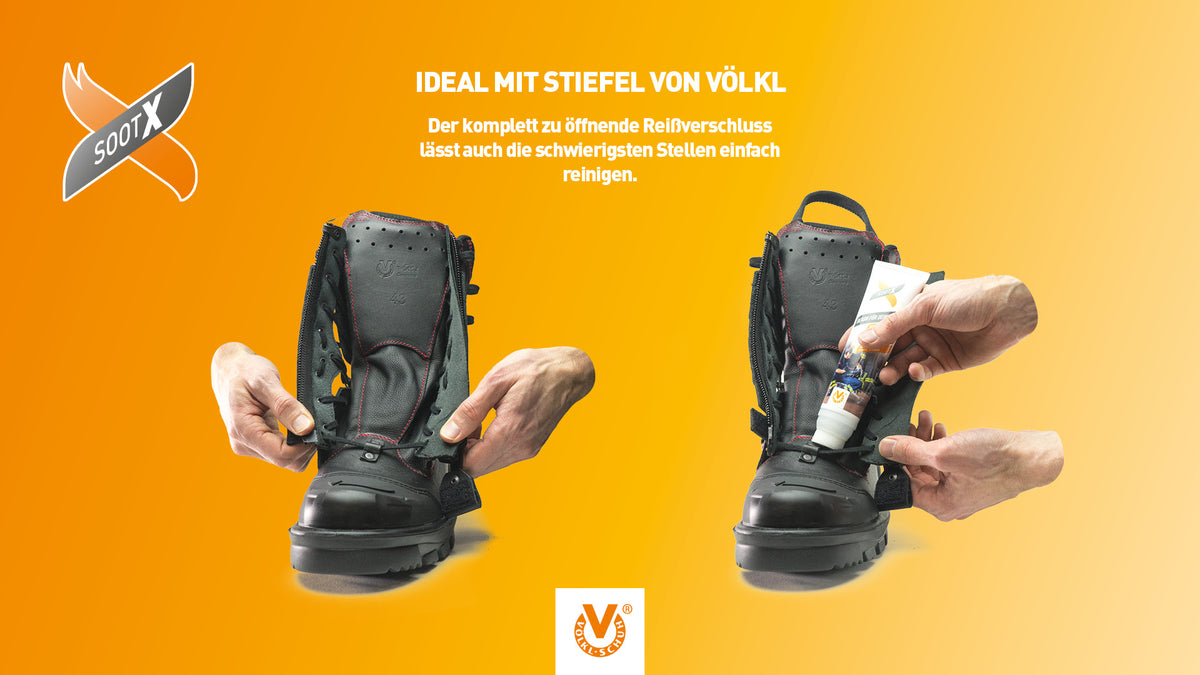 Soot-X Banner: Auftragen der Creme auf Einsatzstiefel in zwei Schritten