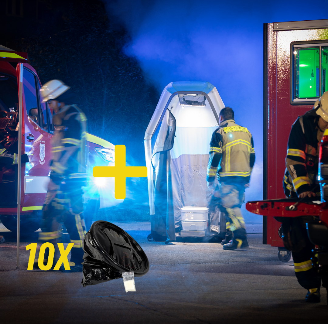 Einsatzhygiene-Konzept Bundle aus easyToilet SOS und zehn Entsorgungstüten im Einsatzumfeld