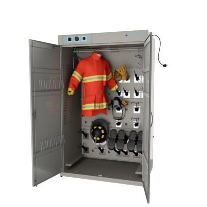 ECODRY SET 8 PREMIUM 1300 Trockenschrank offen, Innenraum bestückt mit Einsatzjacke am Bügel, Handschuhen, Atemschutzmaske, Helm und Stiefeln