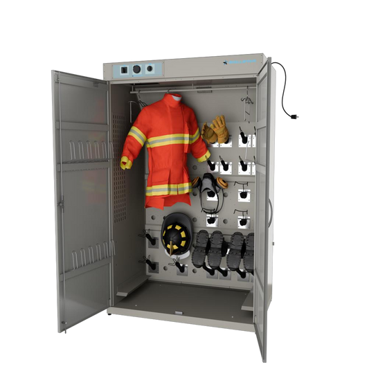 ECODRY SET 8 PREMIUM 1300 Trockenschrank offen, Innenraum bestückt mit Einsatzjacke am Bügel, Handschuhen, Atemschutzmaske, Helm und Stiefeln