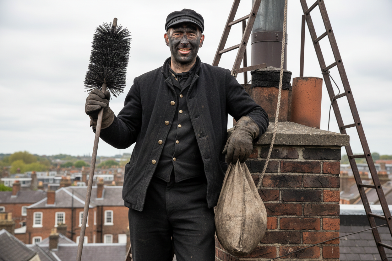 Erstelle mir ein realistisches Bild von einem mit Ruß beschmutzen Schornsteinfeger