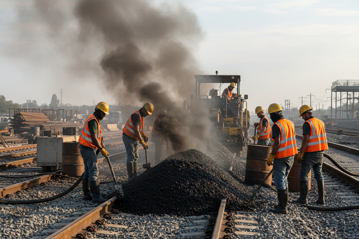 Erstelle mir ein realistisches Bild von Gleisbauarbeiten, bei denen man Teerdämpfe sieht 