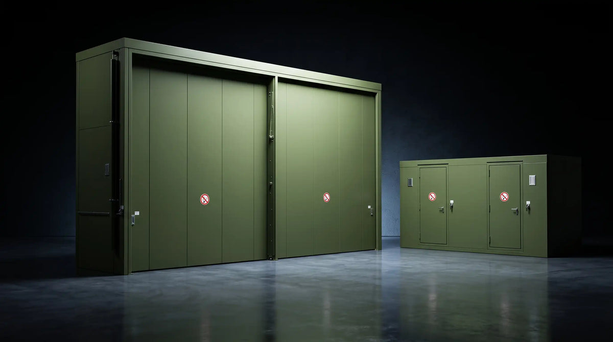 LOXXER Stellungscontainer – externer Lagercontainer mit Regalsystem für Lithium-Ionen-Akkus