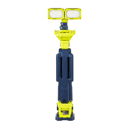 Mactronic Tower Beam mit eingefahrenem Stativ und angelegten Beinen, Leuchtenköpfe ausgeklappt, Typenschild am Sockel