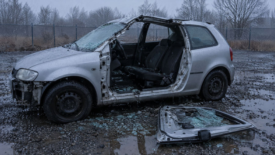 Symbolbild: ausgeschlachtetes Altfahrzeug im Schneeregen, Glassplitter auf dem Übungsplatz