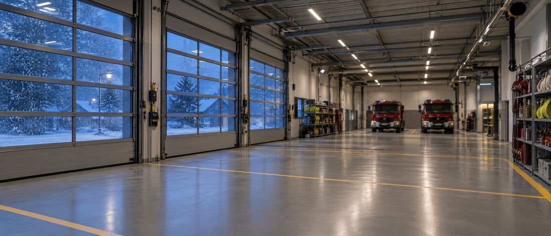 Symbolbild: beheizte Fahrzeughalle einer Feuerwehr, draußen fällt Schnee
