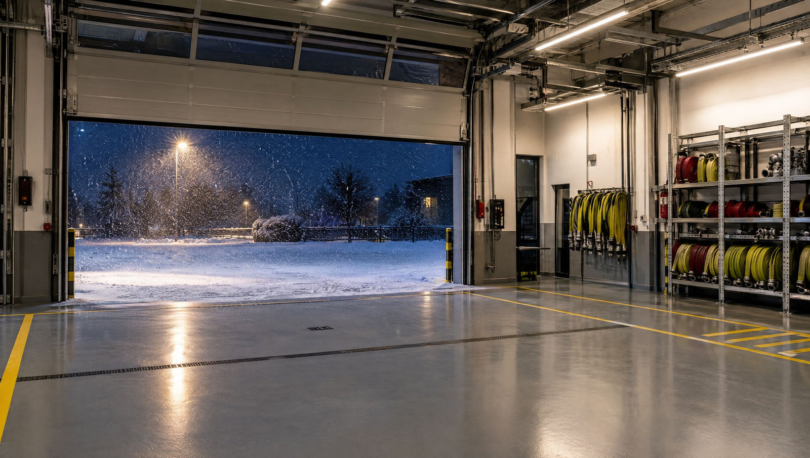 Illustrative image: fire department apparatus bay at night, a snowstorm outside the open bay door