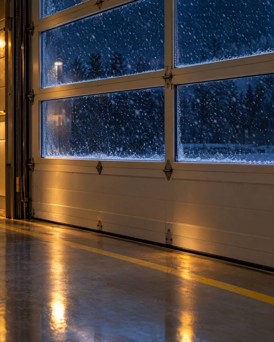 Illustrative image: apparatus bay door at night, snow falling outside, warm light inside